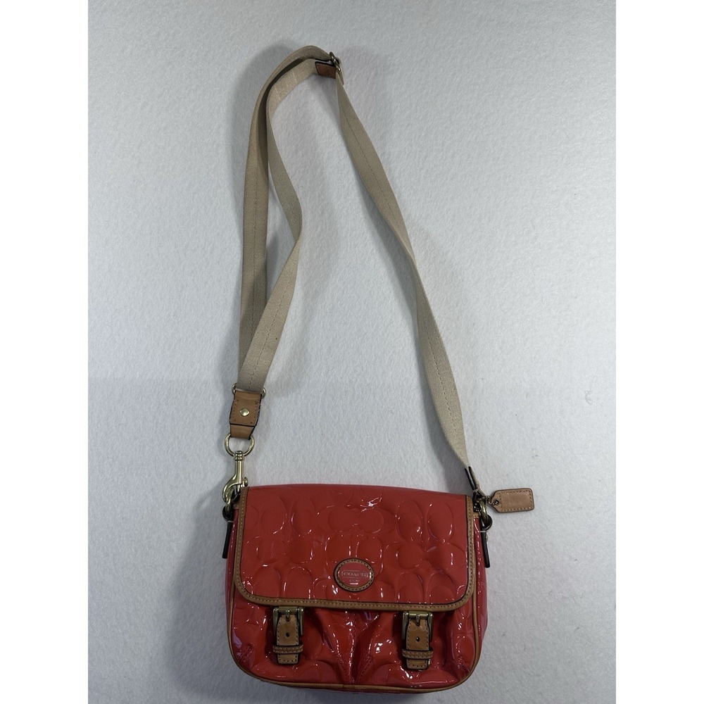 COACH Coral Pink Patent Leather Signature Monogram Crossbody Bag Messenger Flap